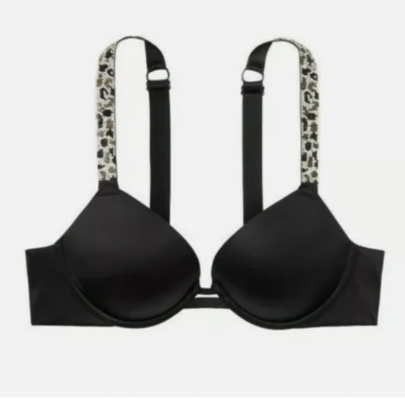VICTORIA'S SECRET VERY SEXY BLACK PUSHUP BRA RHINESTONE LEOPARD PRINT STRAPS:34C - Picture 3 of 3